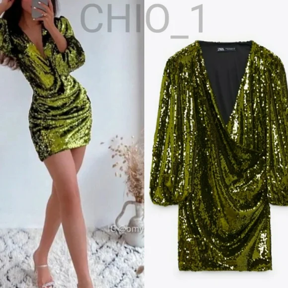 Zara SEQUIN WRAP MINI DRESS GREEN COLOR. Bloggers favorite